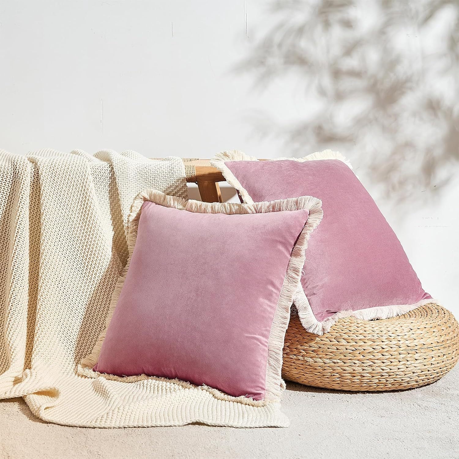 Yumcute Pillow Covers 20x20 Set of 2 Beige Throw Pillow Covers with Fringe Chic Cotton Decorative Pillows Square Cushion Covers for Sofa Couch Bed Boho Decor
