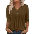 thumbnail image 4 of Lenpel Women's Tunic Tops 3/4 Length Sleeve Notched V Neck Pleated Front Curved Hem Flowy T Shirts Casual Loose Tee Blouses(Brown,X-Large), 4 of 4