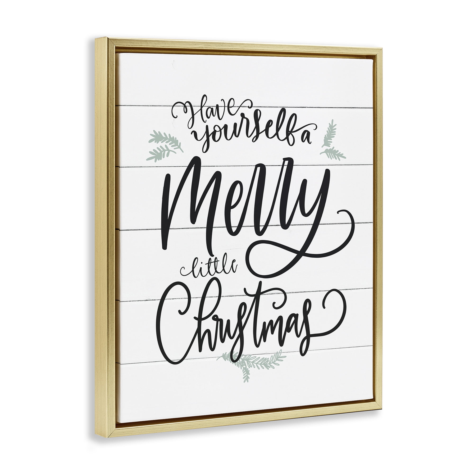Stupell Industries Merry Little Christmas Planked Phrase Holiday Painting Gold Floater Framed Canvas Art Print Wall Art, 17 x 21