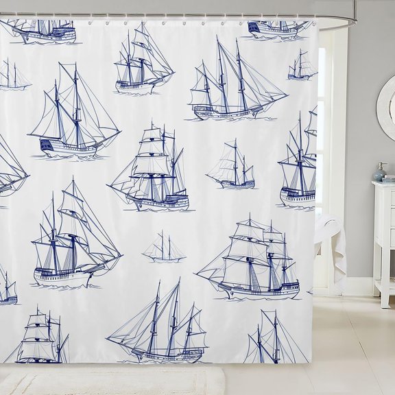 Nautical Ship Shower Curtain Blue and White Sailboat Pattern Fabric Bath Curtain with 12 Hooks 71x71 inches