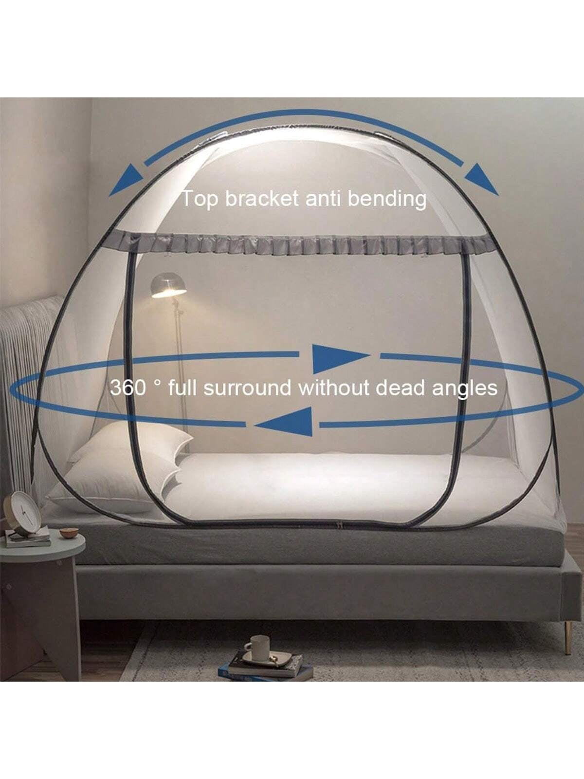 No Assembly Required Mongolian Tent Mosquito Net 1 Second Installation 360 Full Coverage Portable Foldable Four Seasons Bed Canopy With U Shaped Zipper Scalloped Edge 150*200cm Grey
