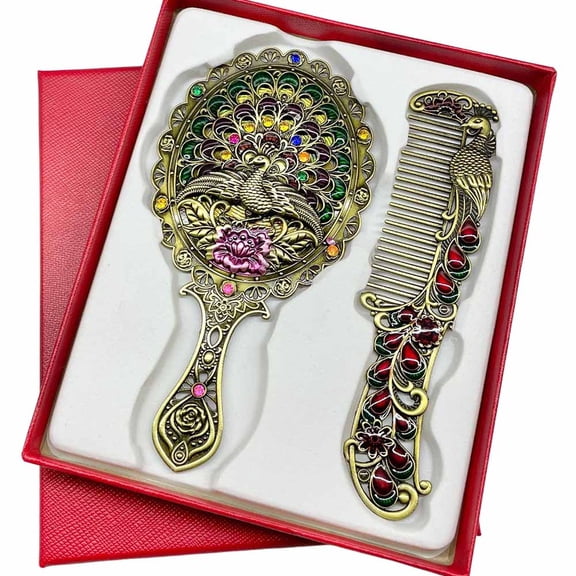 Youersen Vintage Handheld & Stand Makeup Mirror Set - Antique Peafowl Design, Gold Finish