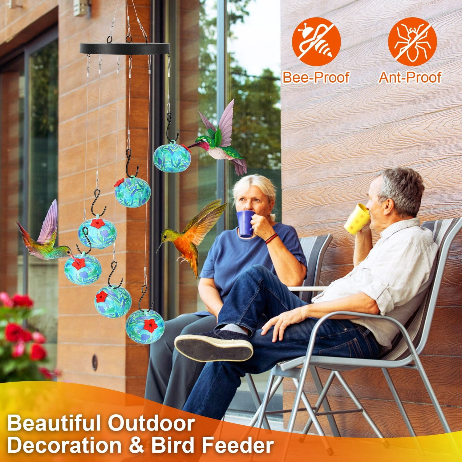 Wind Chimes Hummingbird Feeder for Outdoors Hanging, Unique Bird Feeder with Tongue-Protection Design, Garden Patio Yard Decor, Ideal Gift for Bird Lovers