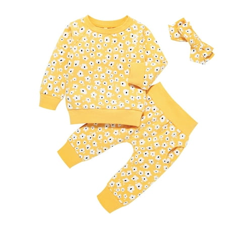 

Honeeladyy Winter Coats Newborn Infant Baby Girls Flowers Print Cute Sweatshirt+Pants+Hairband Outfits Yellow Sales Online