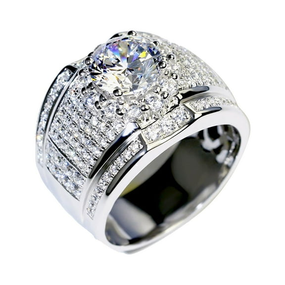 Yesbay Men Rhinestone Silver Plated Wedding Engagement Finger Ring Jewelry-Silver