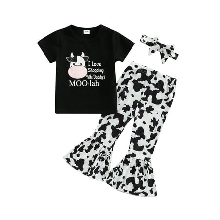 

aturustex Toddler Girl Summer Clothing Short Sleeve Tops + Flared Pants + Bow Headband Cow Letter Print Elastic Waist