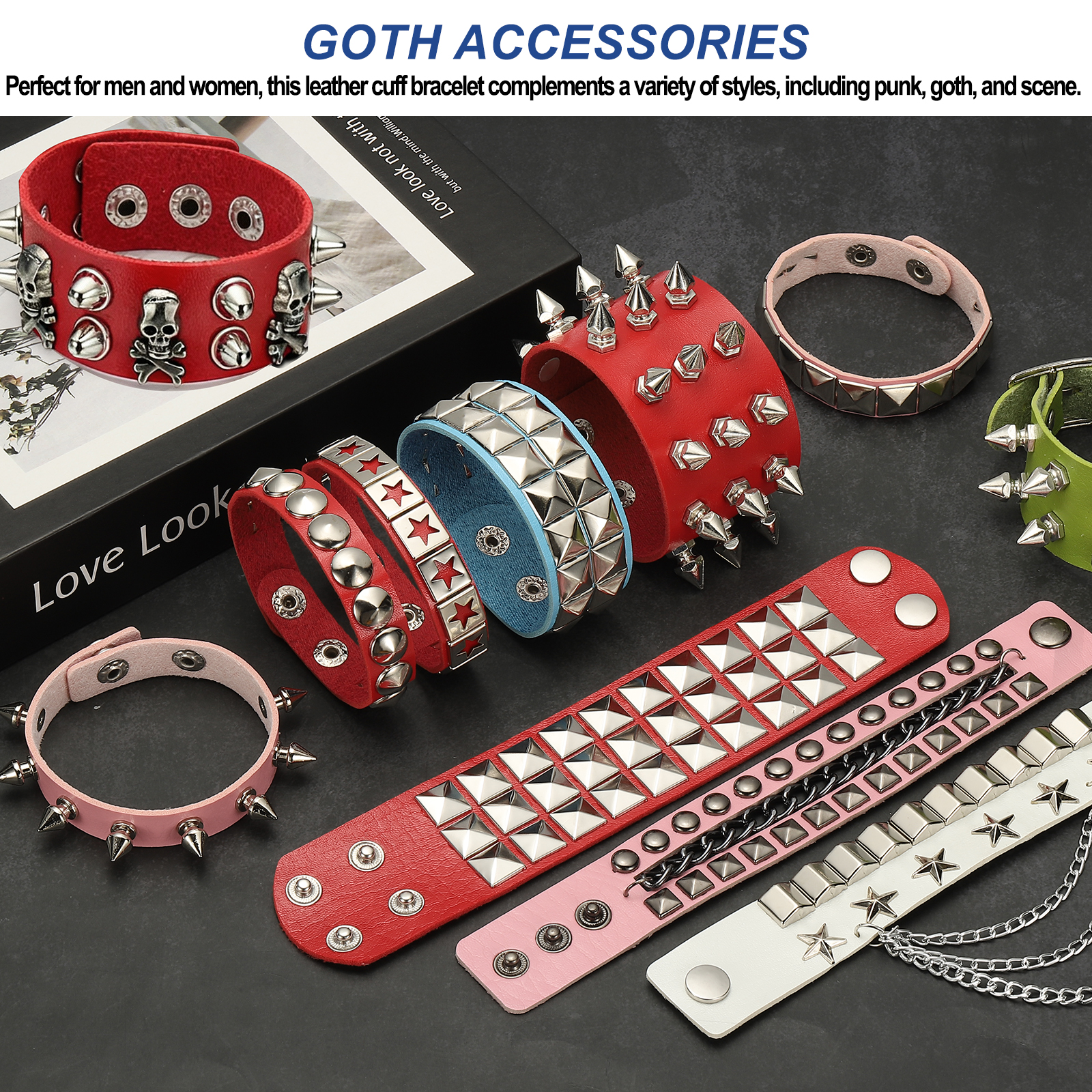 Uxcell 3Pcs Rock Punk Studded Leather Bracelet Set, 8.7
