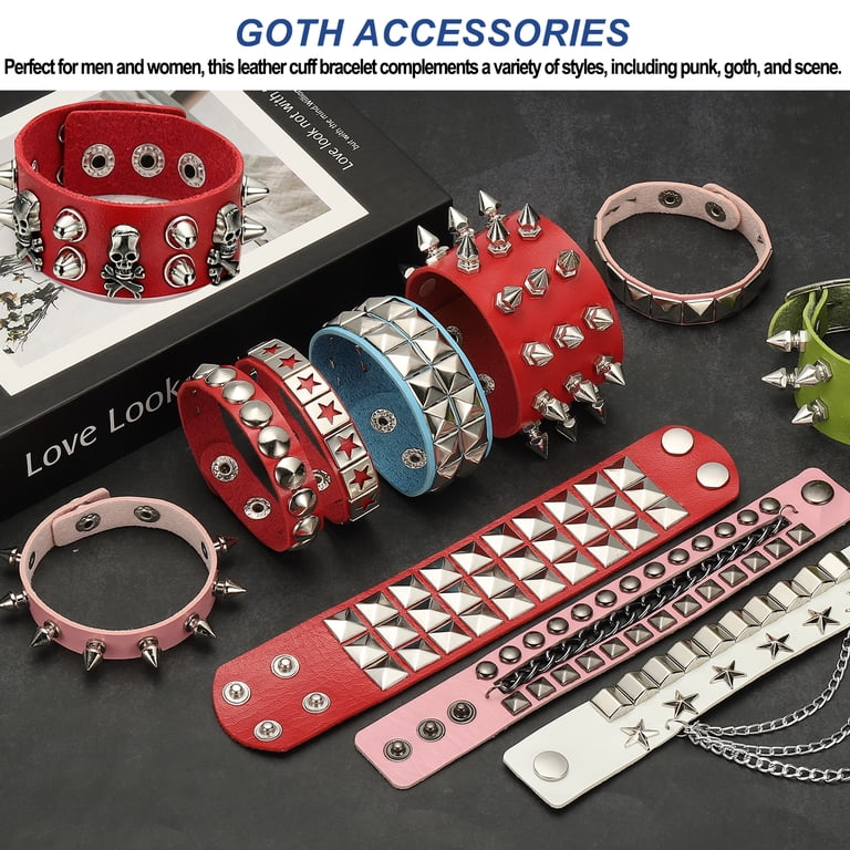 Uxcell 3Pcs Rock Punk Studded Leather Bracelet Set, 8.7