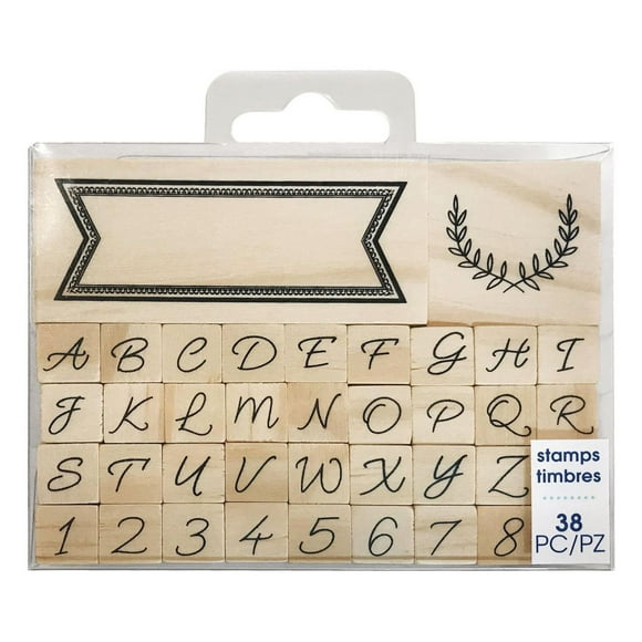 Tampon en caoutchouc monté sur bois - Alphabet Script et bordure de feuille