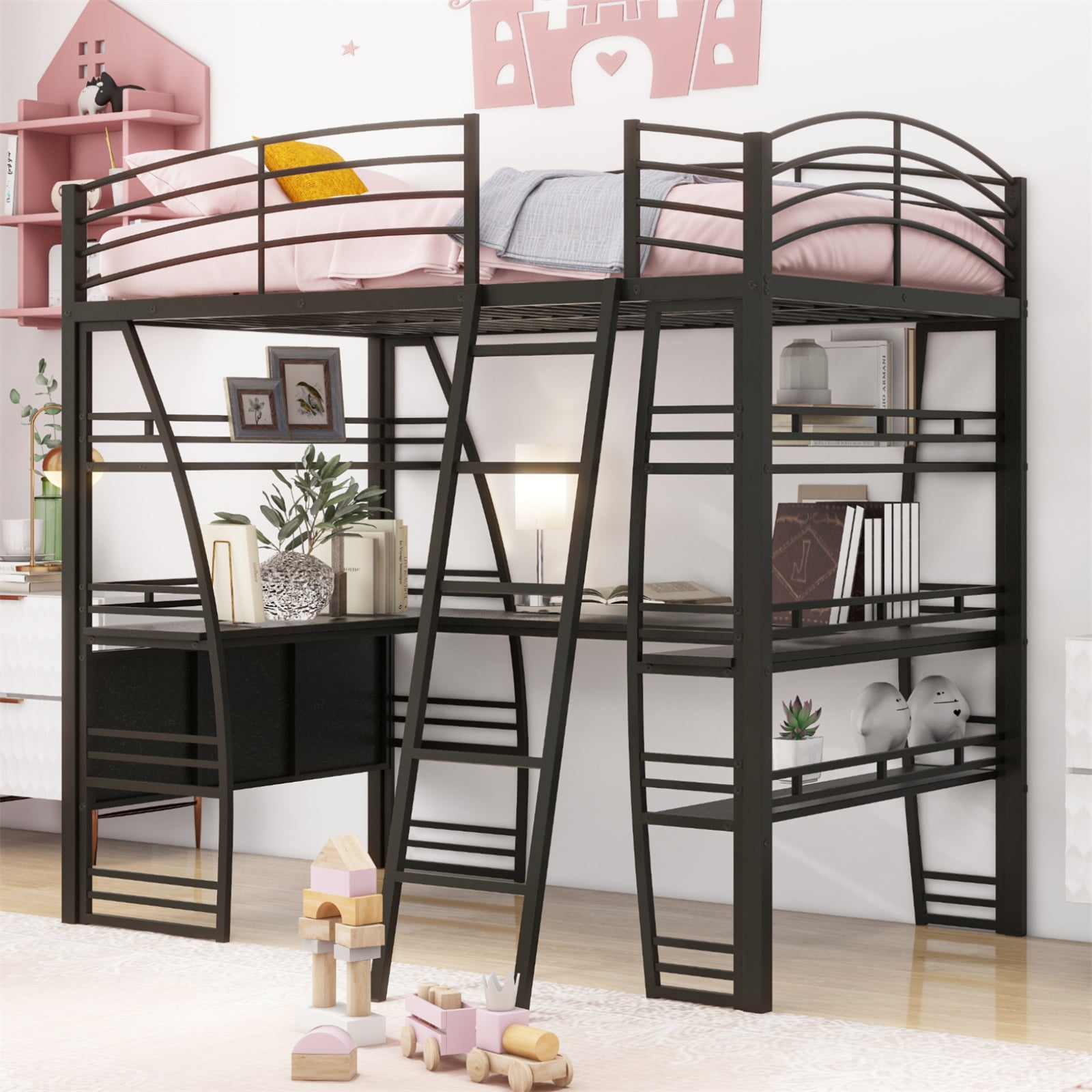 Full Size Vintage Metal Loft Bed, Modern Loft Bed Frame with 4 Layers