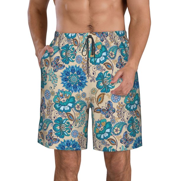 Balery Vintage Floral Butterflies Traje de Baño Estilo Hawaiano para Hombre, Shorts de Secado Rápido con Bolsillos-Small