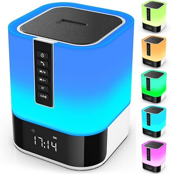 Hetyre Altavoz Bluetooth con luz nocturna, lámpara de noche con control táctil 5 en 1, cambio multicolor regulable, reloj despertador para dormitorio, las mejores ideas de regalos de cumpleaños para n