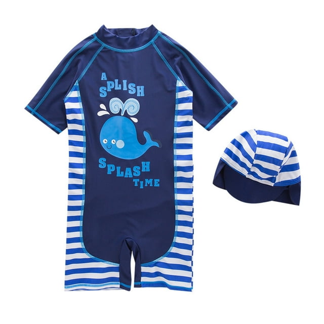 Toddler Little Kids Swim Trunks Holiday Party Striped Cartoon Print Short Sleeve One Piece Swimwear Cap 2 Pieces Spring Bathing Suits For Kid 3-4T