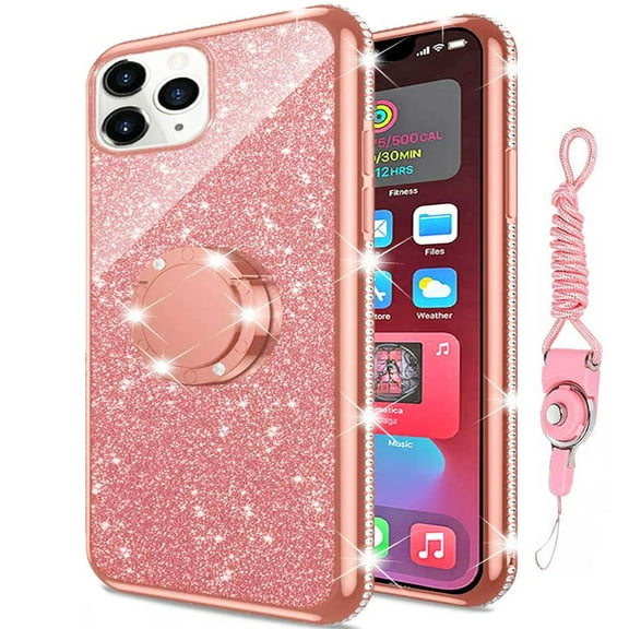 Compatible for Apple iPhone 12 Pro Case, SOGA Glitter Diamond Rhinestone TPU Phone Cover with Ring Stand and Lanyard Girls Women Cover (Rose Gold)