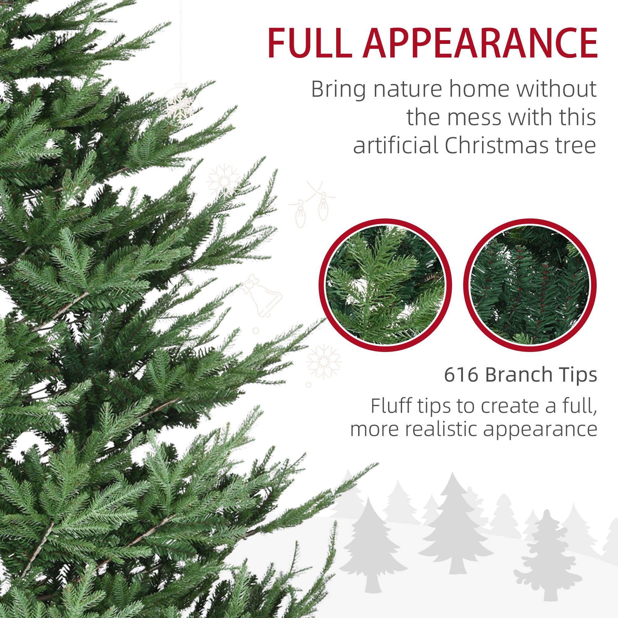 9 ft Artificial Christmas Tree, Pine Hinged Xmas Tree with 1939 Realistic Branches, Steel Base, Auto Open, 59.1 in Diameter, 106.3 in Height, Indoor Use