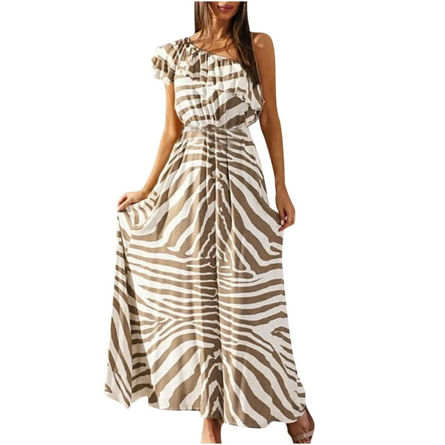 Moda mujer Boho verano un hombro sin mangas cintura elástica vestido playa Maxi hombro con fugas vestido Pompotops ghjkhdj5517