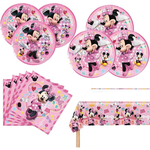 Pink Minnie Party decoration 41 pieces cartoon theme disposable tableware set includes 20 paper plates in two sizes, 20 paper towels, 1 waterproof cartoon character tablecloth