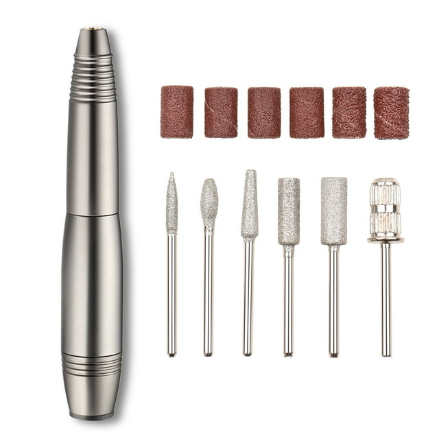 Pulidora de uñas eléctrica portátil con 6 cabezales y 6 bandas de lijado, diseño ergonómico y velocidad ajustable, ideal para uso en casa o salón de belleza, color gris oscuro.