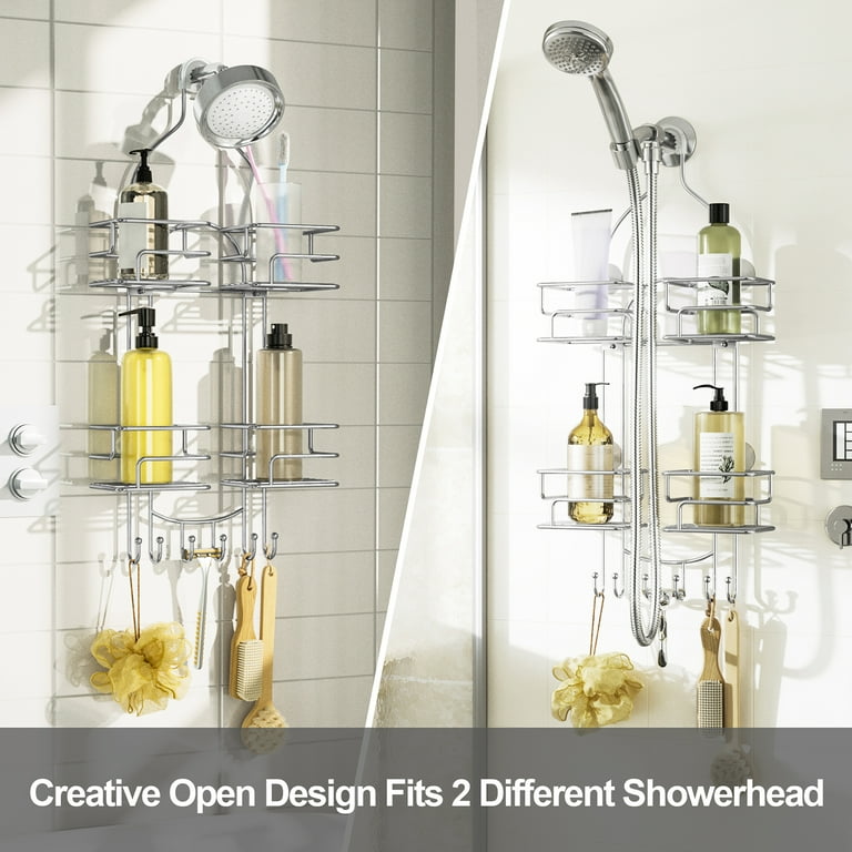 SRIWATANA Shower Caddy Hanging over Head, Bathroom Shower Organizer Shelf  Shower Rack Holder with Hooks for Razors (Chrome)