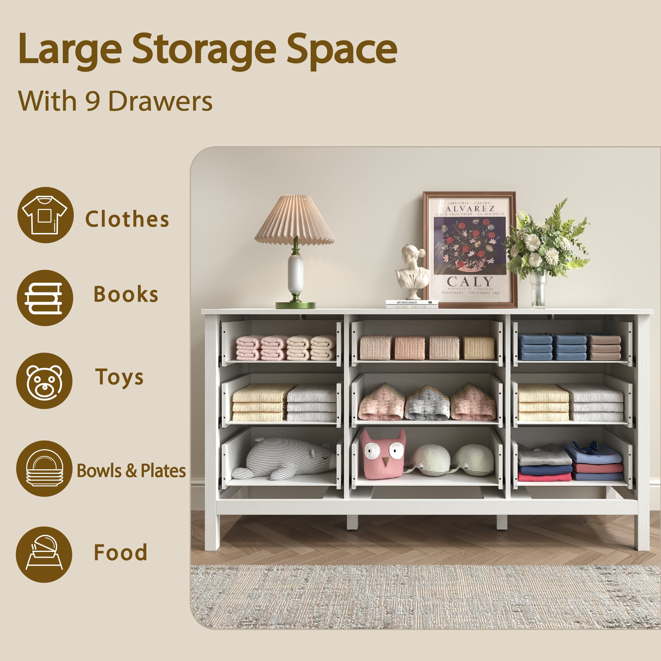 YouTrend 9 Drawer Farmhouse Dresser,Wood Adult Rustic Chest of Drawer with Metal Handles for Bedroom Living Room Hallway,Natural White