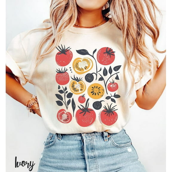 Tomato T-shirt, Cute Whimsical Tomato Garden Print T-shirt, Vegetable Garden Gift, Tomato Girl Aesthetic Cottagecore Vegetable Fruit Vegan Gifts.