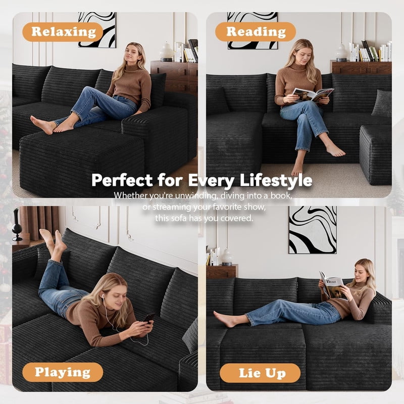 94'' Cloud Sectional Sofa with 2 Ottomans, Modular Upholstered Sofa Couch with Deep Seat, Plush Corduroy Fabric U Shaped Sofa for Living Room, Left Facing Chaise