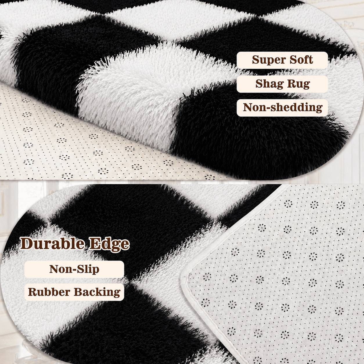 ZRSDIXK 8x10 Area Rugs for Living Room, Soft Fluffy Bedroom Rugs, Checkered Carpet, Black & White
