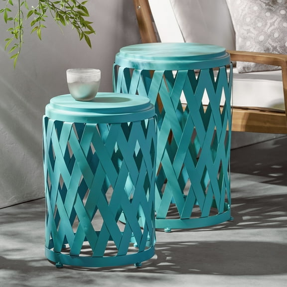 Set of 2 Teal Iron Side Tables, Outdoor Patio End Tables with Lattice Design (15"L X 15"W X 22.75"H)