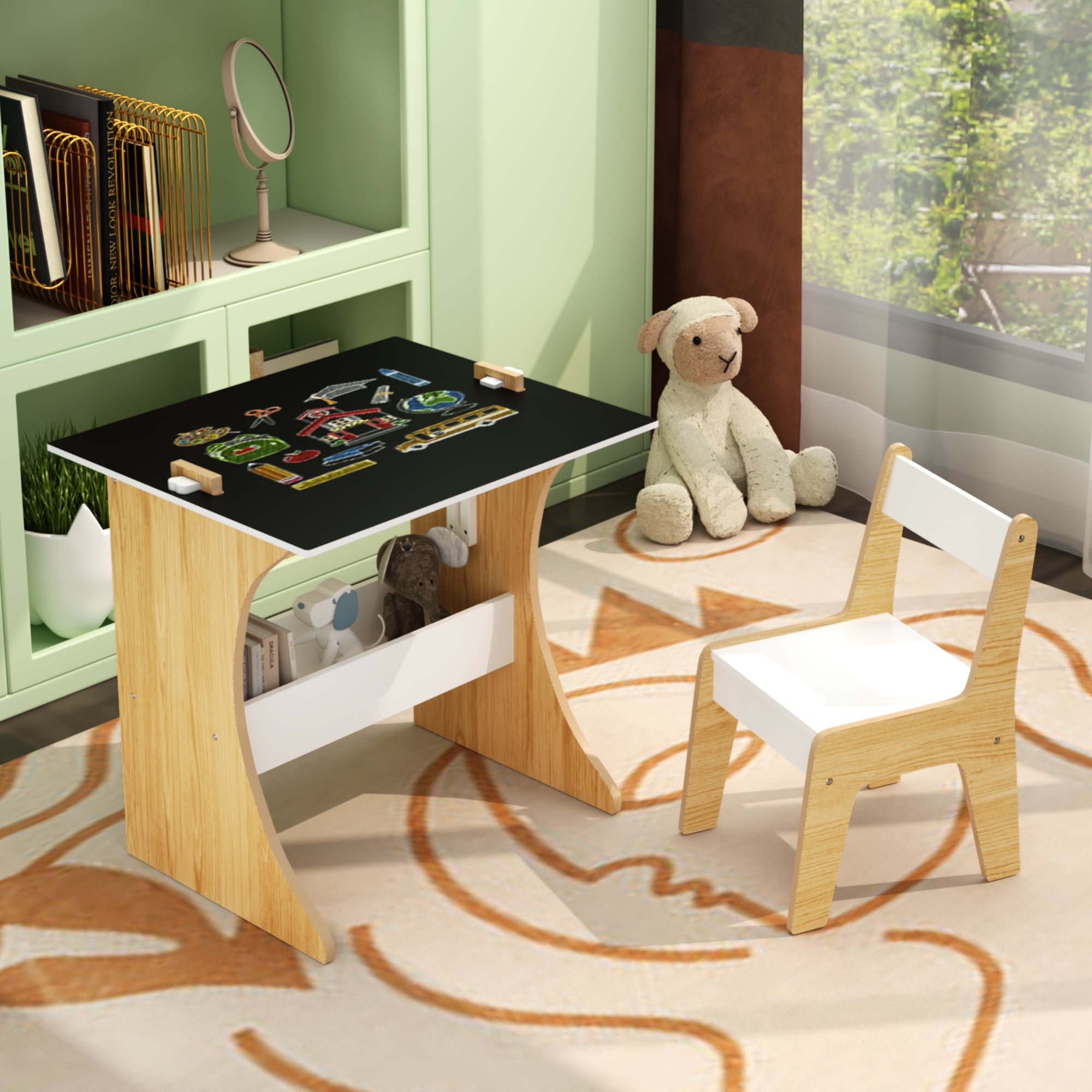 Yoneston Kids Table and Chair Set with Storage Rack, Wooden Children Study Table with Convertible Tabletop Blackboard for Study, Drawing and Play, White