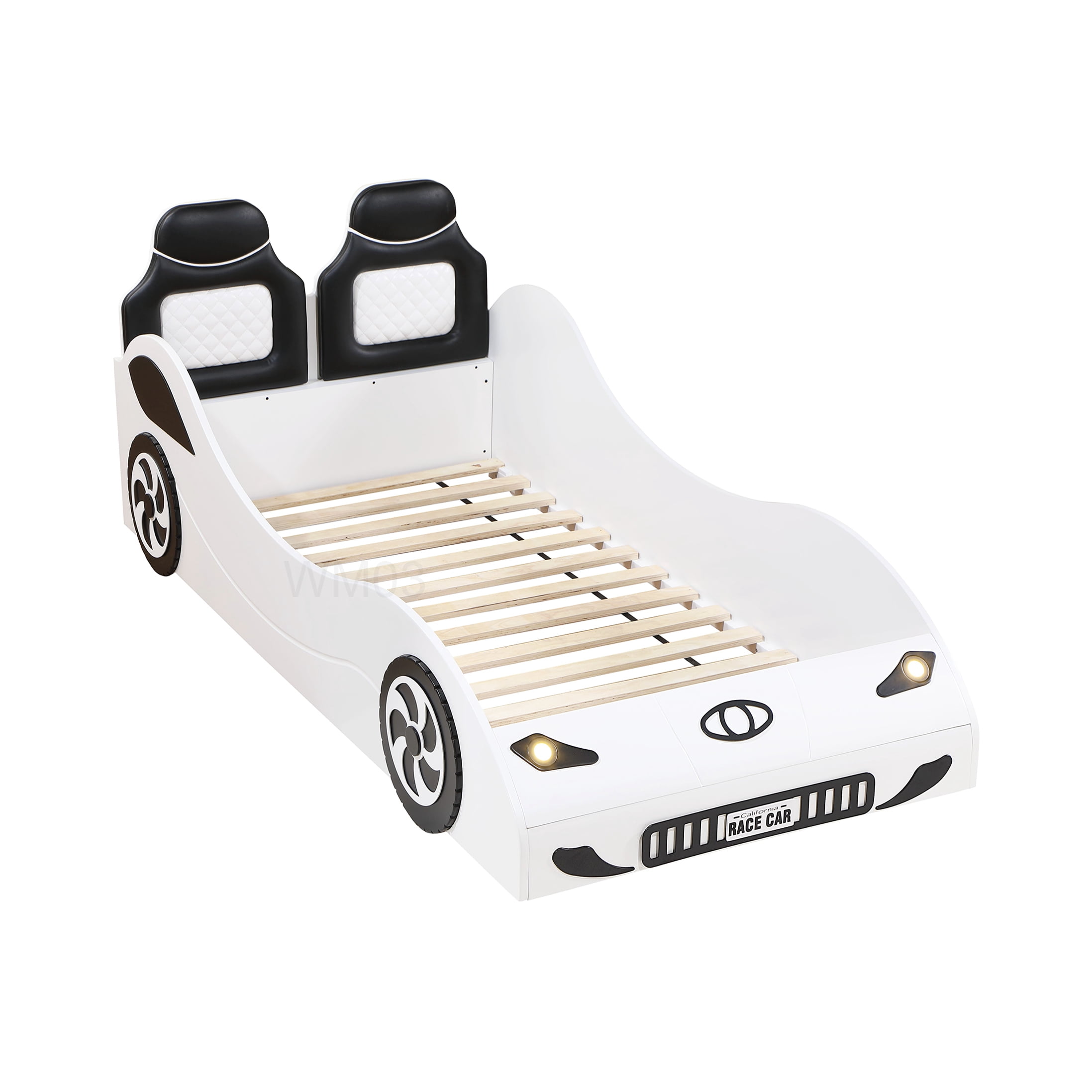 Twin Size Low Profile Platform Car Bed with LED Lights and PU Leather Upholstery, White