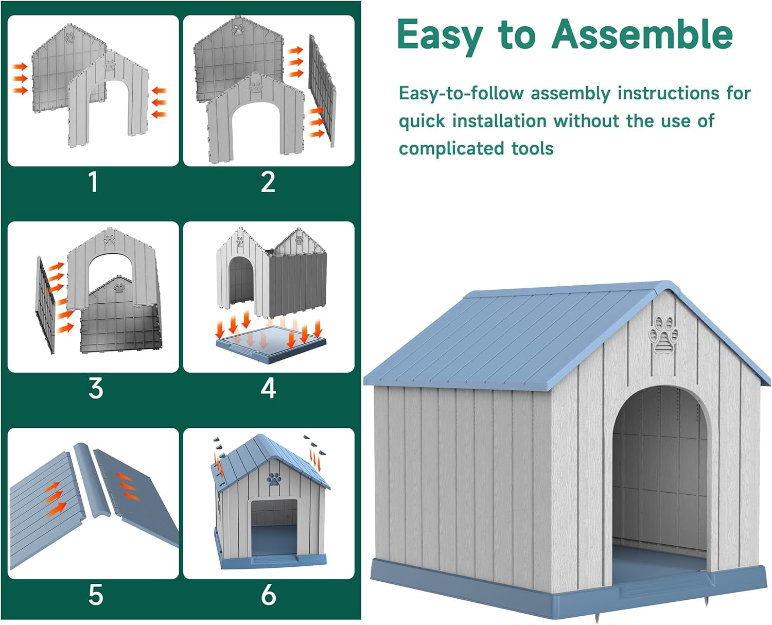 Indoor Outdoor Waterproof Dog House, PP Material, Puppy Shelter with Air Vents and Elevated Floor, Sturdy Dog Kennel for Small to Large Sized Dogs, Easy to Assemble (Blue, 38.62×36.26×38.07 Inches)​