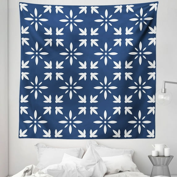 Navy Blue Tapestry, Modern Design Floral Image Leaves Rose Petals Inspired Design Art Print, Fabric Wall Hanging Decor for Bedroom Living Room Dorm, 5 Sizes, Navy Blue and White, by Ambesonne