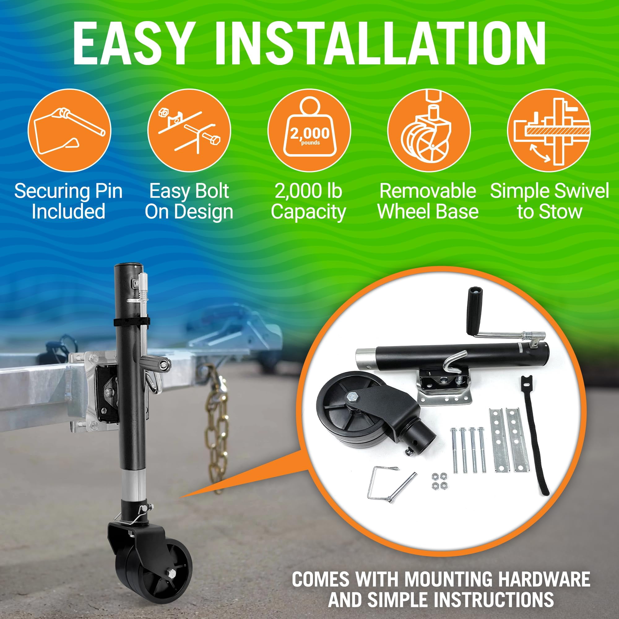 1200lbs Boat Trailer Jack with Wheel, Trailer Tongue Jack, Marine Bolt-On Lift Roller Swivel Stand, Heavy-Duty Utility Hitch Parts, Double Boat Lift Kit