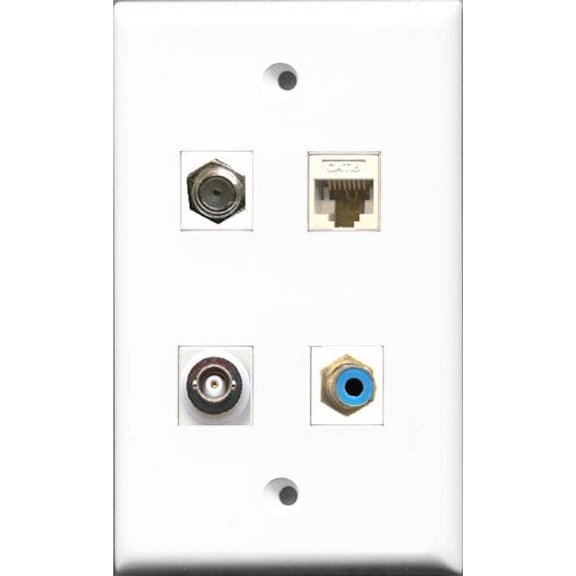 RiteAV 1 Port RCA Blue and 1 Port Coax Cable TV- F-Type and 1 Port BNC and 1 Port Cat6 Ethernet White Wall Plate