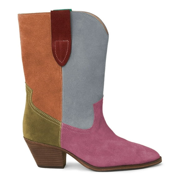 YDN Women Pointed Toe Mid Calf Western Boots Pull On Stacked Chunky Low Heels Fashion Date Daily Dress Shoes Size 7 Multi Pink