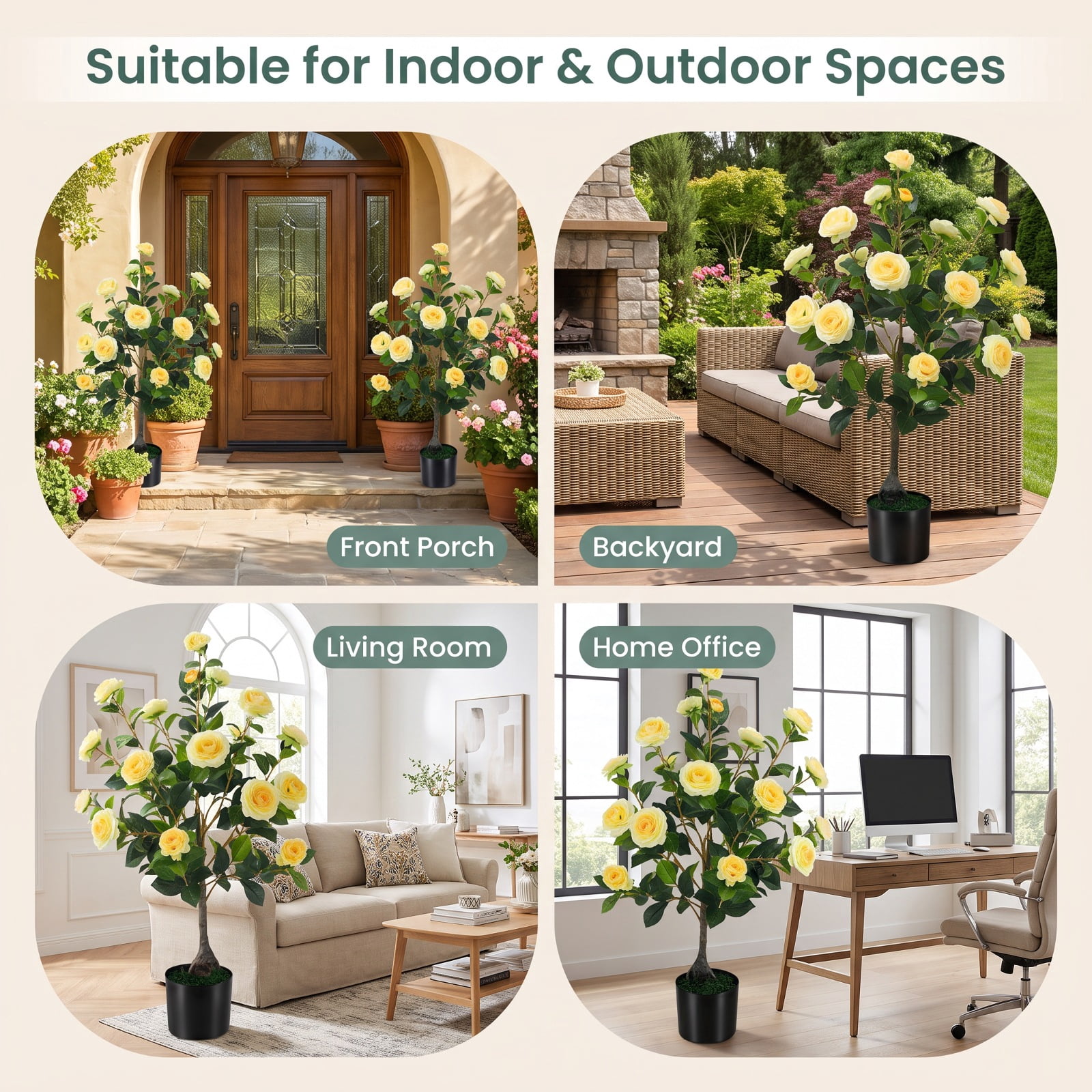 Vebreda Artificial Plant Decor, Artificial Camellia Tree Faux Flower Plant in Cement-Filled Pot, Lifelike & Elegant Design, Selected PE Materials