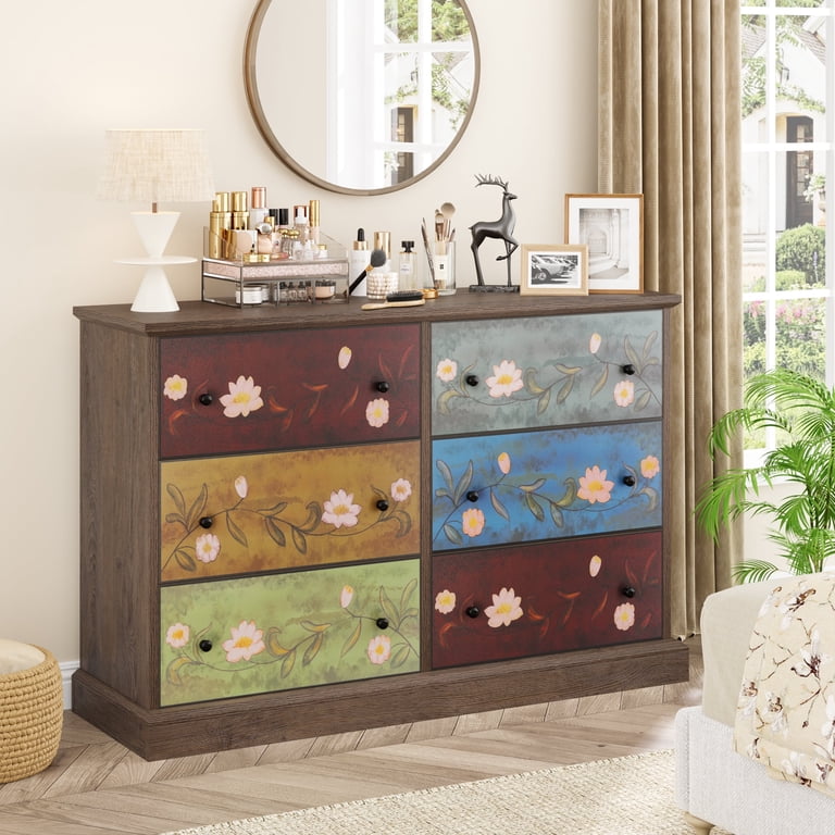 boho farmhouse dresser COZAYH 3-Drawer Farmhouse Dresser, Rustic Ring Motif Nightstand, White