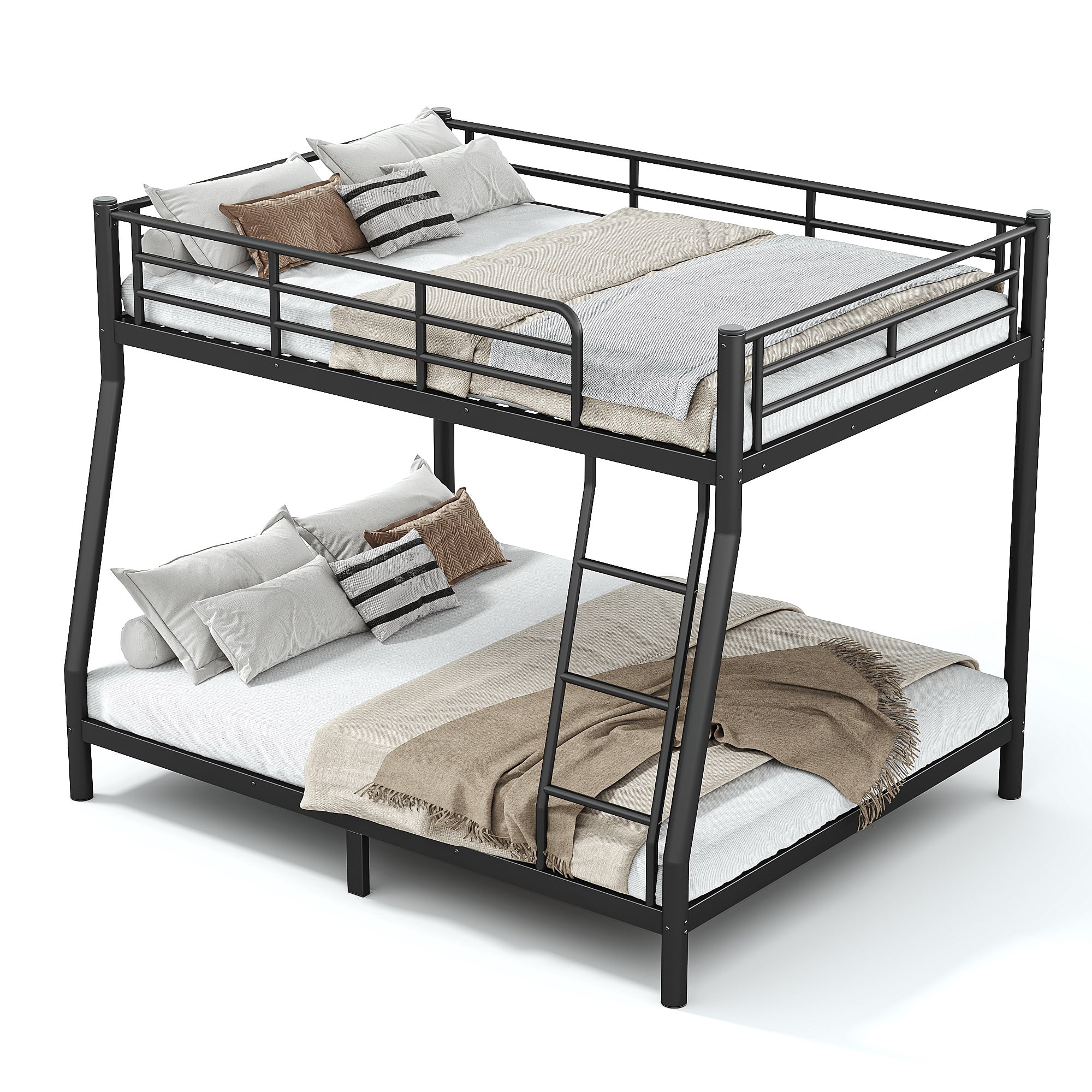 Leumius Full over Queen Metal Bunk Bed Frame with Dual Guardrails and Ladders, Heavy-Duty Quiet Design,Noise-Reduced,Black