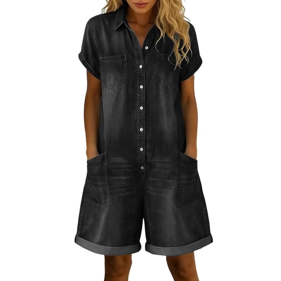 LEKODE Jumpsuits for Women Button Front Collared Romper Short Sleeve Loose Fit Cuffed Denim Shorts Vacation One Piece Outfit Travel Outfits for Women Black S