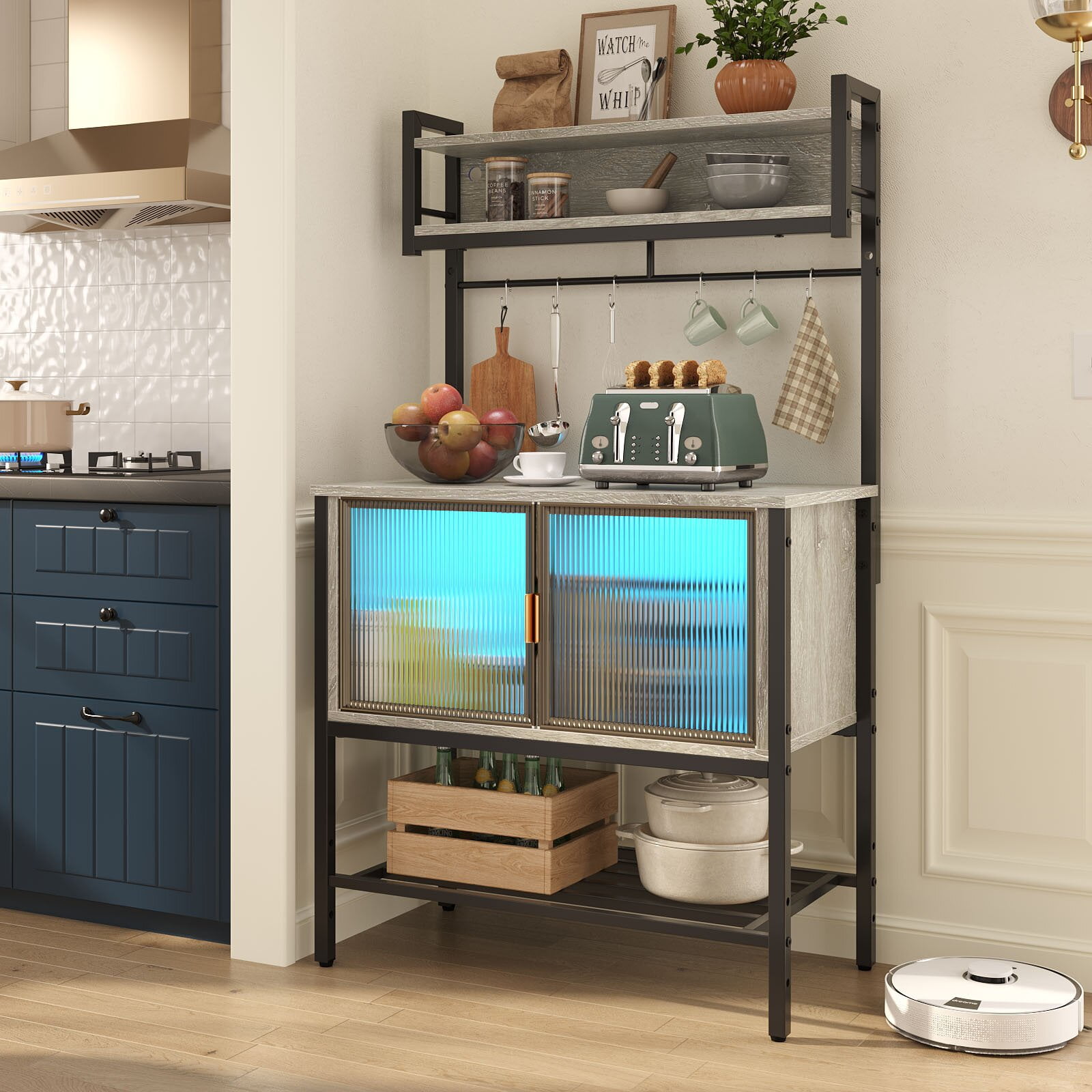 Bestier 59" Coffee Bar Station with Cabinets,  5-Tier Microwave Stand with Storage & LED Lights, Kitchen Bakers Rack in Grey