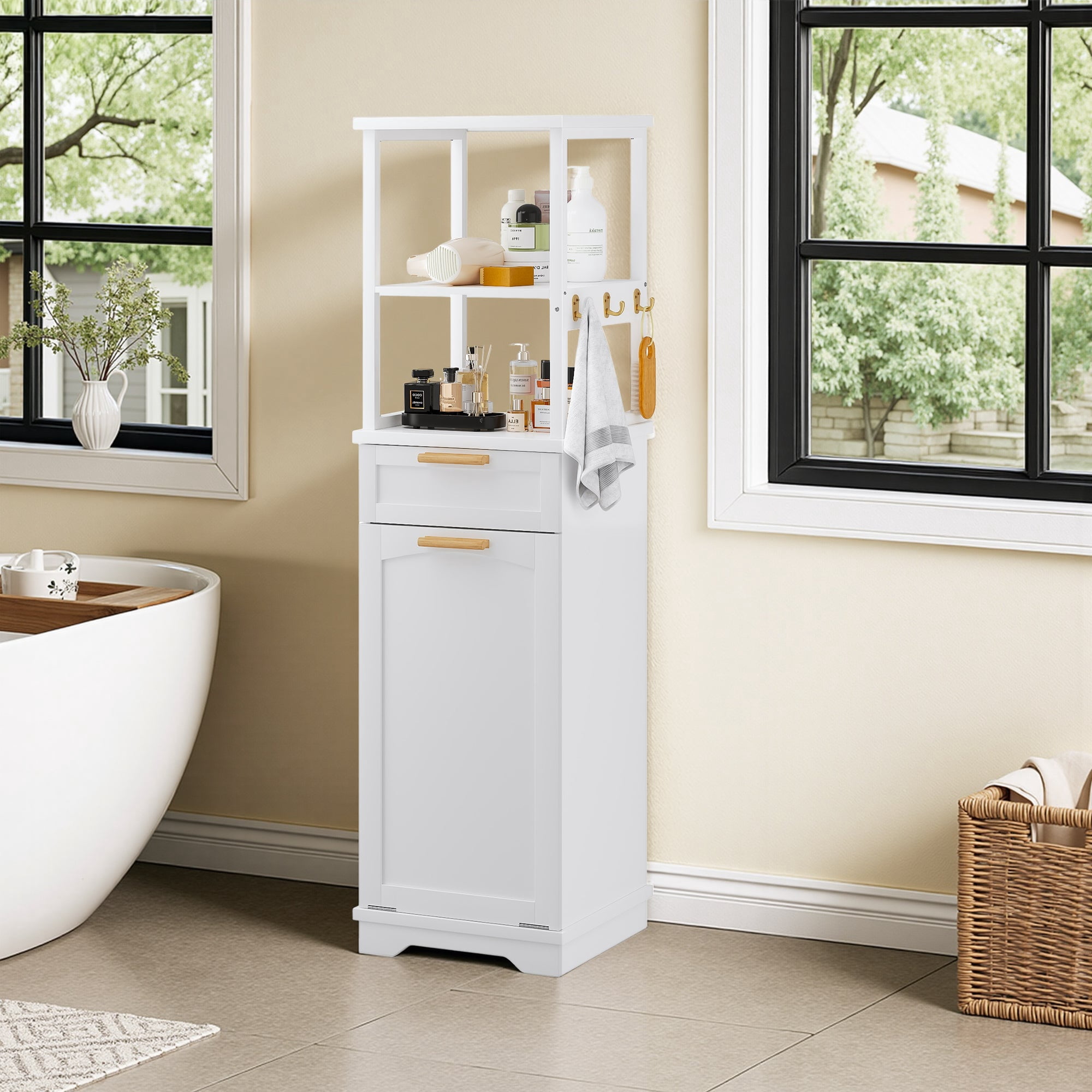 VECELO Tilt Out Laundry Hamper Cabinet, Hidden Drawer and 3 Hooks,2-Tier Storage Shelves with Removable Laundry Basket 53" Tall Bathroom Storage Organizer for Laundry Room, White