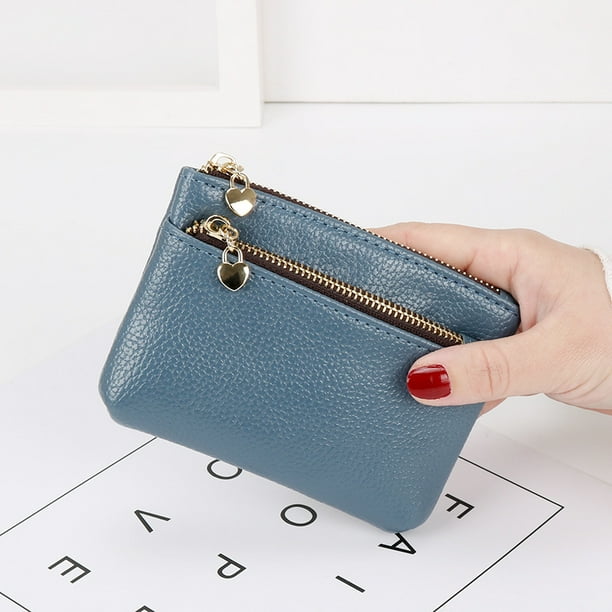 Women s Genuine Leather Coin Purse Zipper Pocket Size Pouch Change Wallet Haze Blue