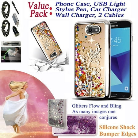 Value Pack + for 5.5" Samsung Galaxy J7 2017 SKY PRO J7 Perx J7 HALO J7 V Case Flowing Sleeve Skin Grip Wrap Slim Cover Glitter Stars Phone Case Silver