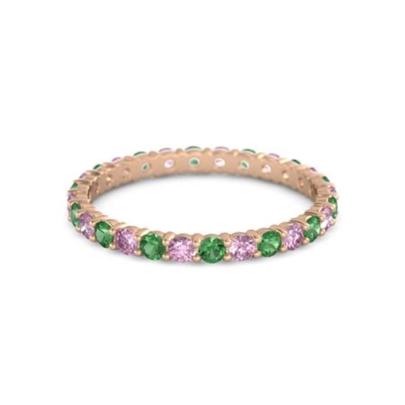 Round Eternity Band Emerald Pink Spinel 925 Sterling Silver Rose Plated Ring
