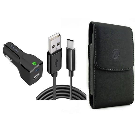 Car Charger & Case Belt Clip for iPhone 15 Pro Max - 18W Fast USB Port 6ft Cable Type-C and Leather Holster Cover Pouch Z6G for iPhone 15 Pro Max (6.7")