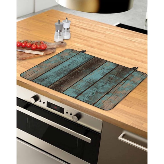 nqOlkjepod Large Induction Cooktop Protector Mat 31"x24", Teal Wood Grain Stove Top Covers for Electric Stove, Gradient Farm Old Wooden Board Vintage Stove Burner Cover Mats, Glass Top Stove Cover