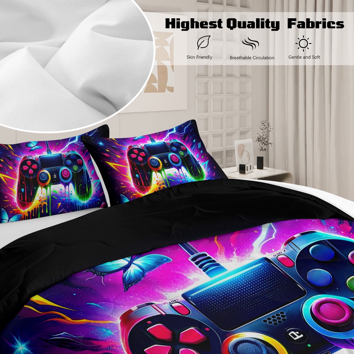 BlessLiving 3Pcs Game Controller Comforter Set Queen Size Gaming Bedding Set for Kids Boys Gamer, Multicolor
