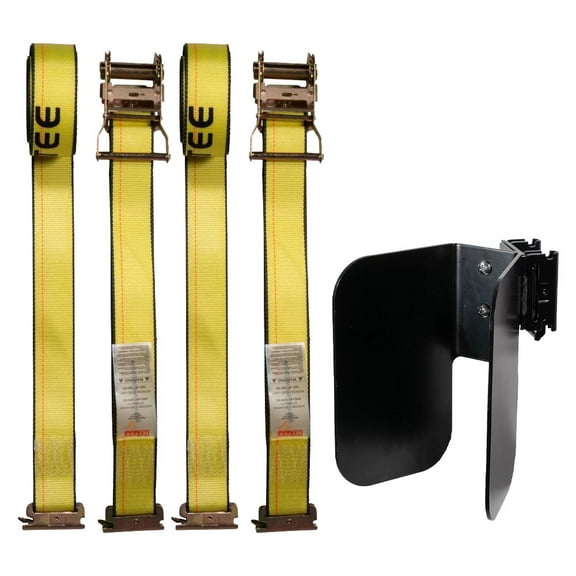 E-Track Wheel Chock & Strap Kit – 2PK 2" x 12' Heavy Duty Tie Down Straps with Spring E-Fittings, & E Track Motorcycle Wheel Chocks for Dirt Bikes, E-Track Accessories for Trailers