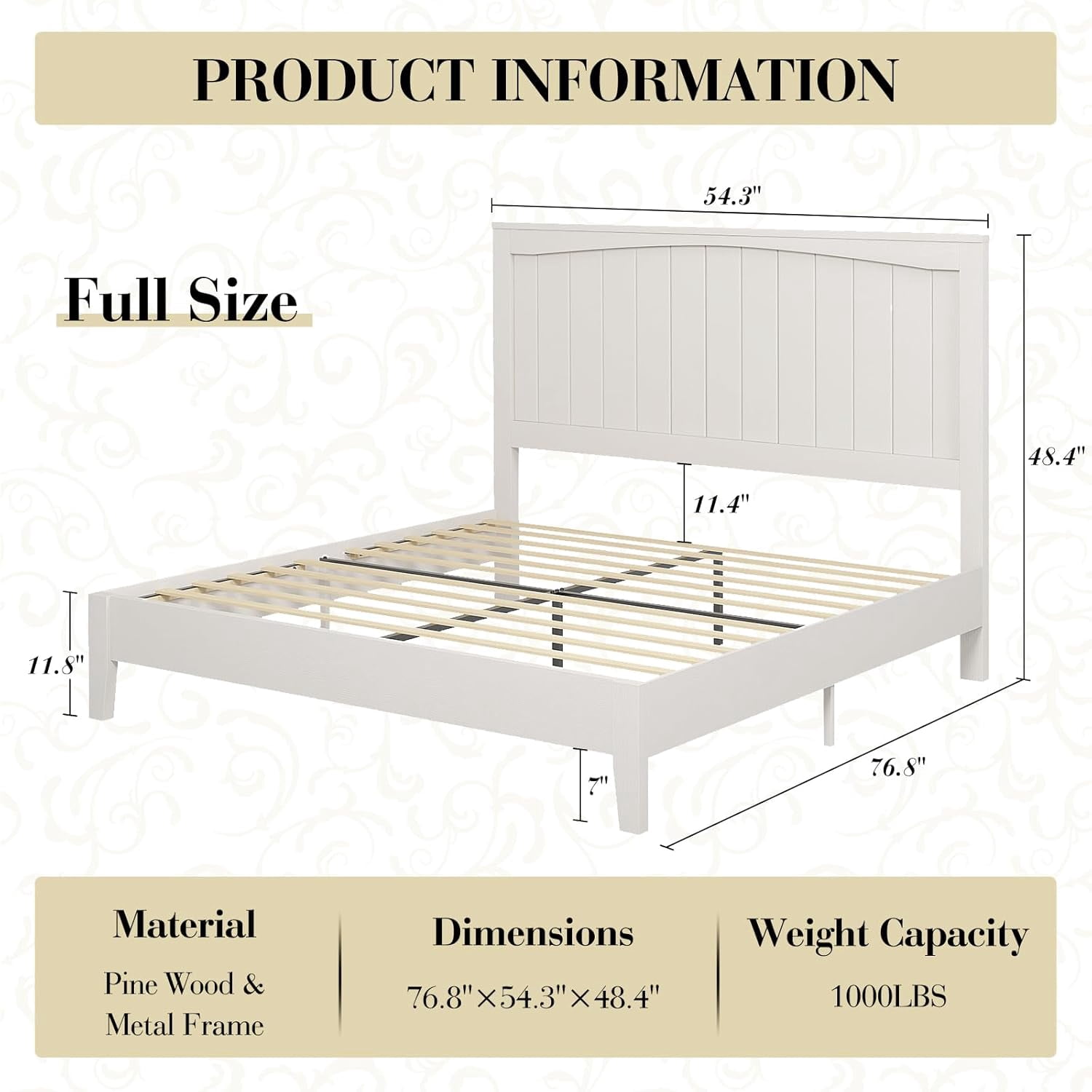 VanAcc Full Size Solid Wood Bed Frame with 48.4" Tall Headboard, Mid-Century Modern Platform Bed with Wooden Slats, Easy Assembly, White