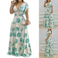thumbnail image 6 of Women Elegant V Neck Lotus Leaf Short Sleeve Flower Print High Waist Long Dress, 6 of 7